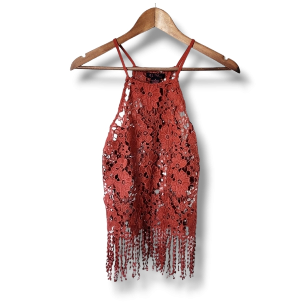 Boho Style Rust Crocheted Lace Floral Fringed Flyaway High Neck Tank